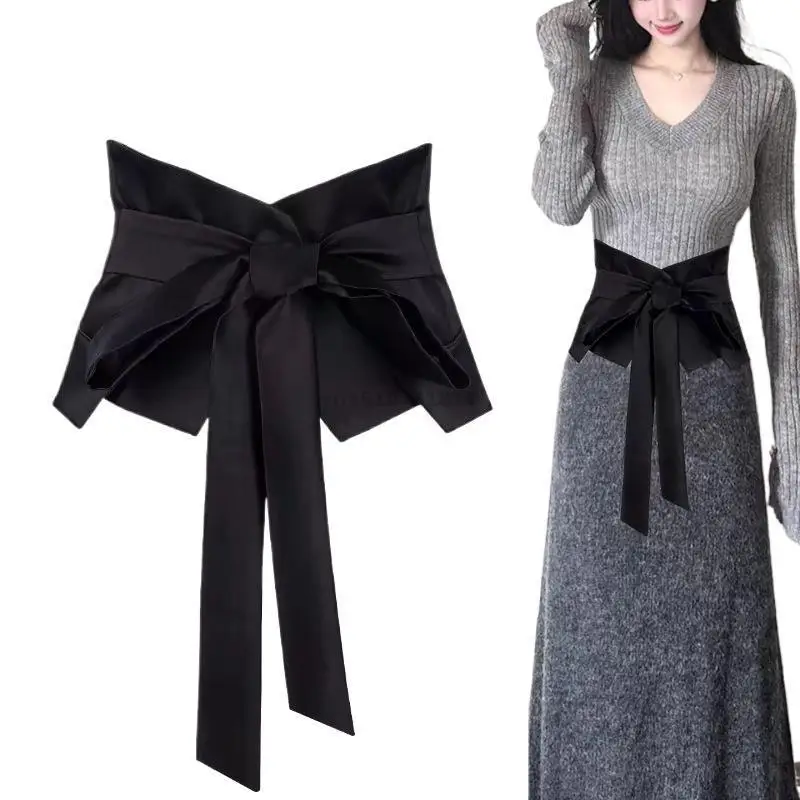 2026-women-black-satin-bow-wide-belt-corset-waist-cincher-elegant-dress-cummerbund-sash-fashion-accessory