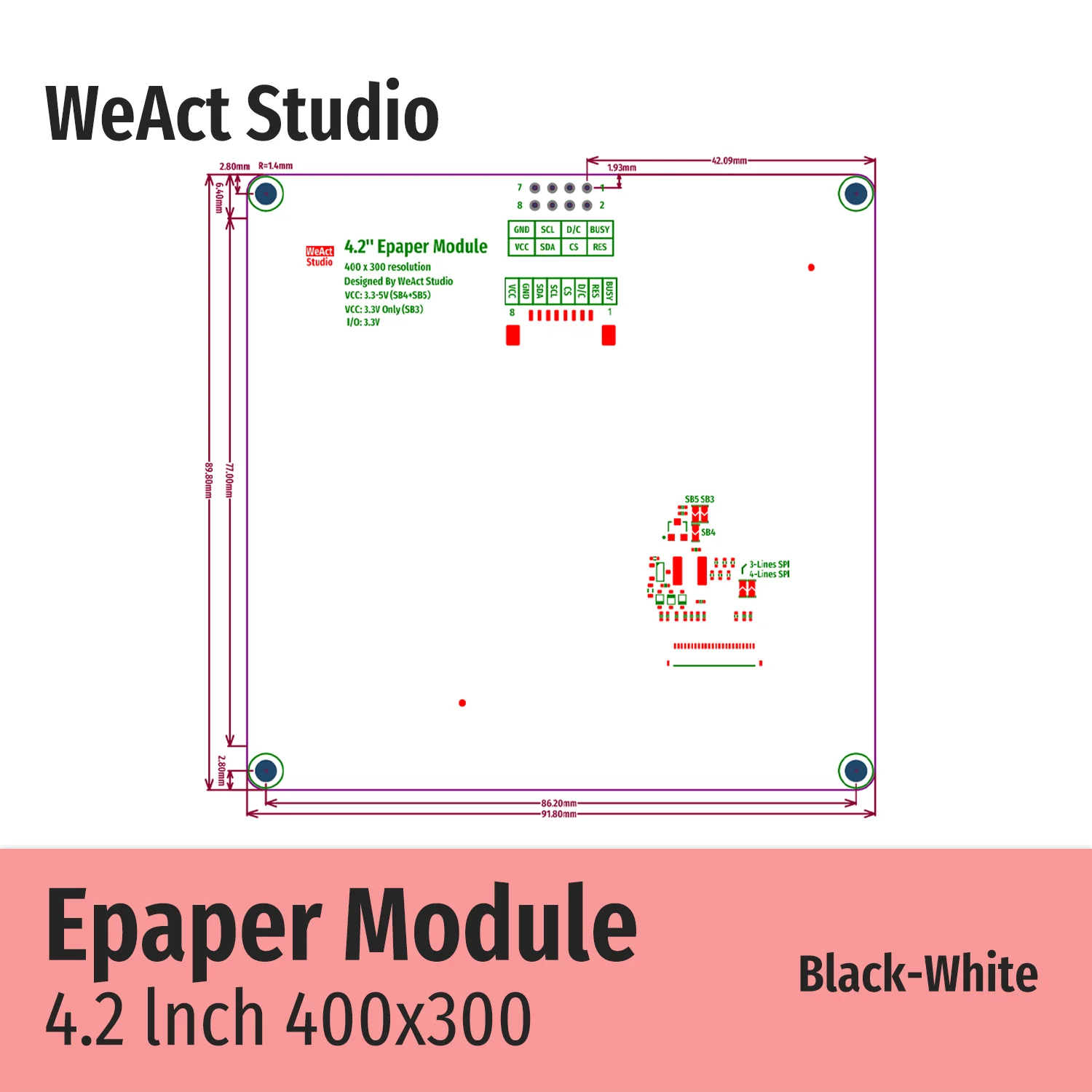 WeAct 4,2'' 4,2 inch Epaper-module E-paper E-Ink EInk-scherm SPI zwart-wit