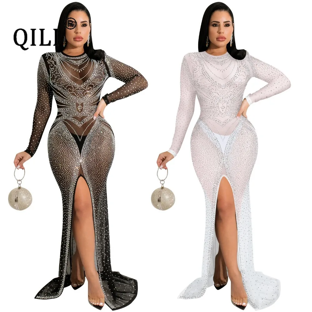 

QILI- Nightclub Rhinestone Dress Women's Clothing Mesh Perspective Long Sleeve Split See Through Dress