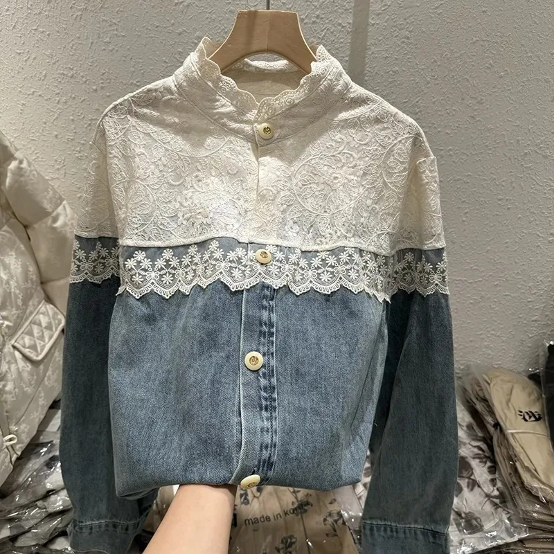 Korean Contrast Stitching Lace Collar Shirt Women\'s 2024 Spring New Long Sleeve Top Fashion Denim Shirt