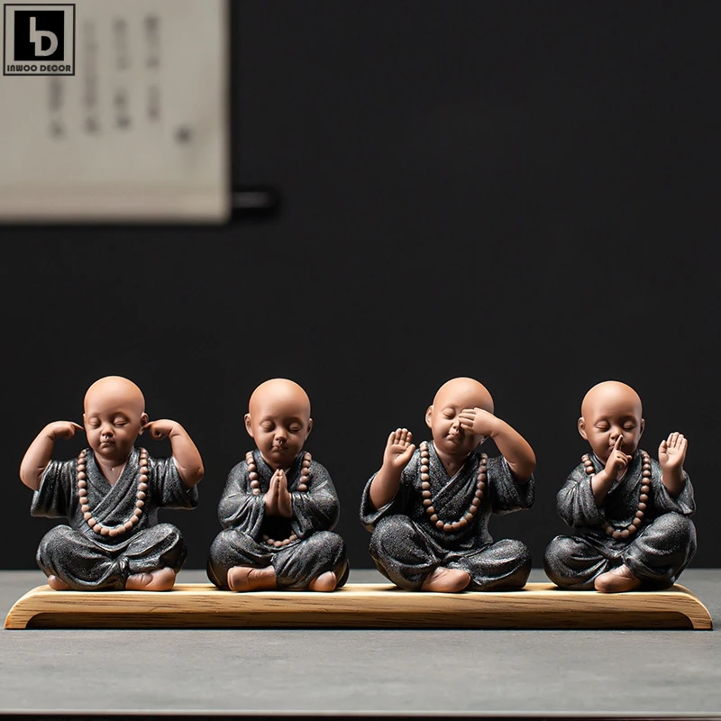 Black Pottery Buddhist Little Monks Figurines Buddha Statue Sculpture Fairy Ornaments Meditation Home Garden Docor Decoration