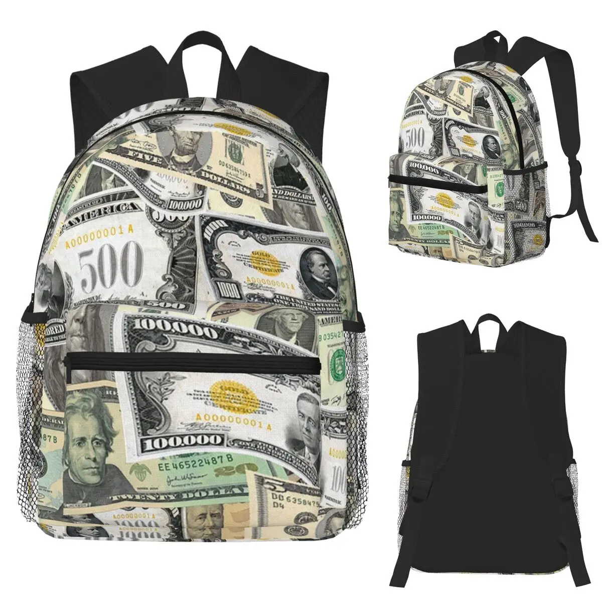 Giant Money Background 100 Dollar Bills Student Backpack School Bag Hiking Travel Daypack for Boys Girls Bookbag Shoulder Bags
