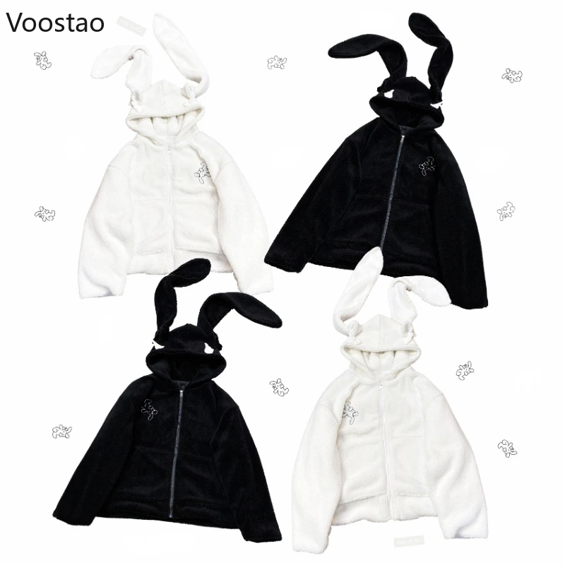 Autumn Winter Women Sweet Warm Jacket Y2k Cute Lambswool Embroidery Bunny Ears Hooded Coats Girls Parkas Outwear Zipper Hoodies