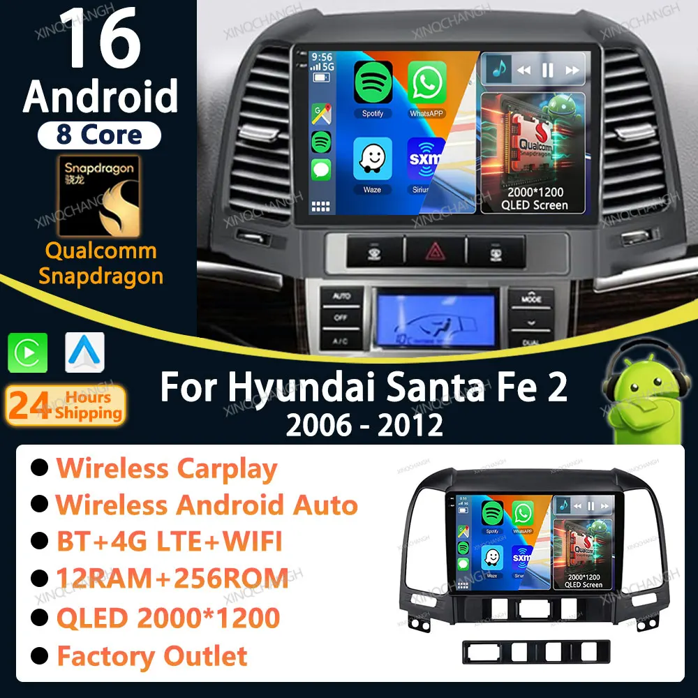 Android 16 Car Radio Carplay Auto For Hyundai Santa Fe 2 2006 - 2012 QLED Dash Fitting Panel Kit Qualcomm 2DIN Casing Frame BT