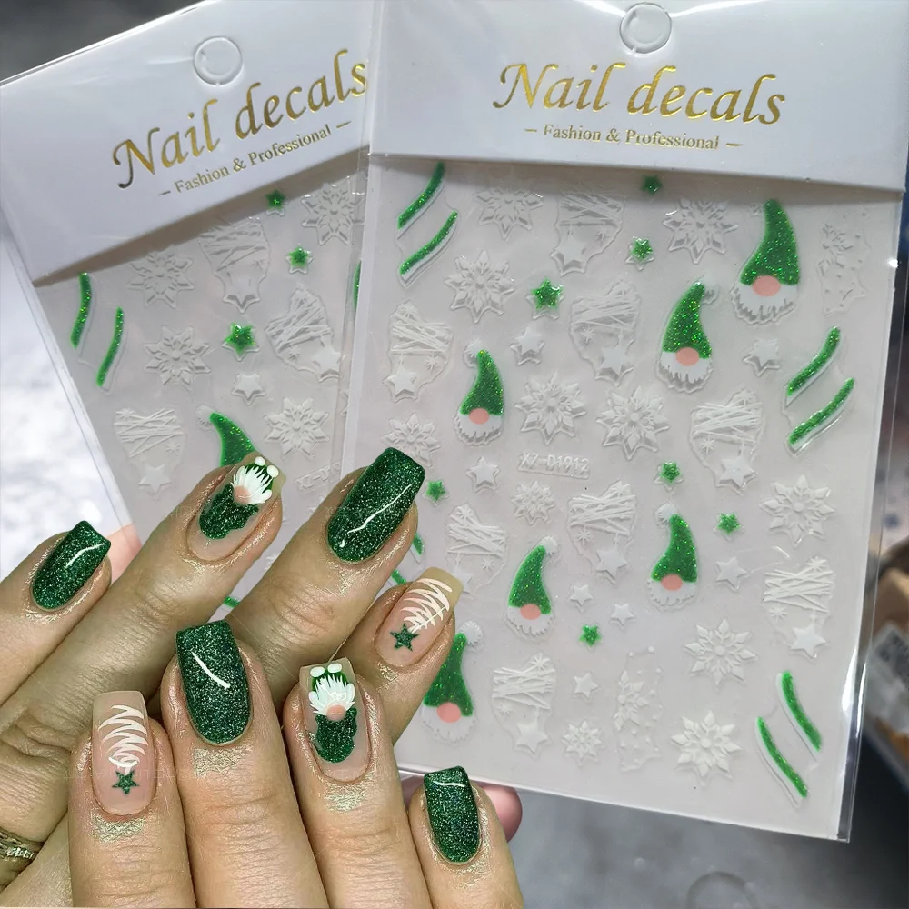 1Pcs 3D Weihnachten Grün Glitter Nail art Aufkleber Santa Claus Schneeflocken Selbst-klebe Nägel Sliders Winter Weihnachten Maniküre abziehbilder