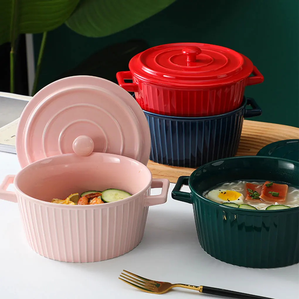 Ceramic Tableware Bowl With Lid For Elegant Dining With Two Ear Anti Scald For Easy Handling blackish green