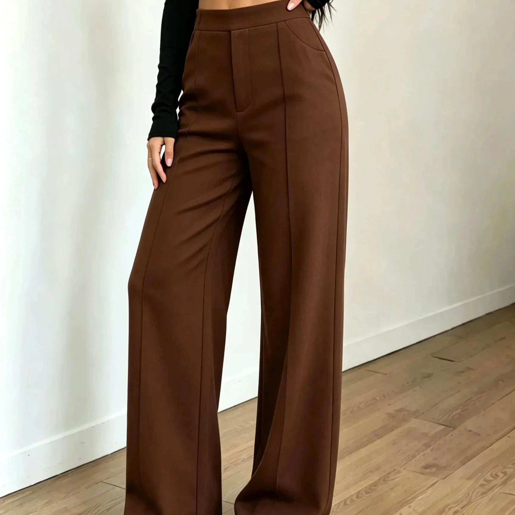 Women High Waist Wide Leg Dress Pants Front Stitch Design With Pockets Office Business Casual Trousers New