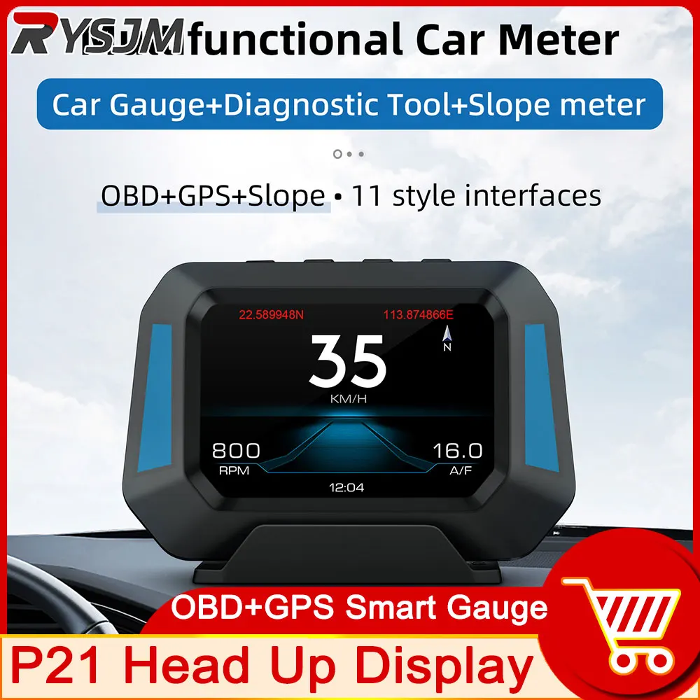 P21 Head Up Display Car On Board Computer Digital Clock GPS Speedometer OBD2 HUD Diagnostic Tools Instrument Cluster Meter Gauge