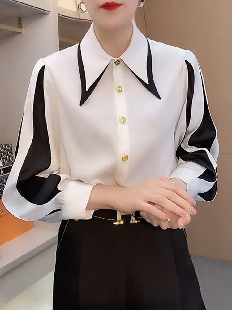 Blusa feminina elegante de manga folhada chiffon, roupas da moda coreana, simples tops femininos no escritório, tudo combina, outono inverno