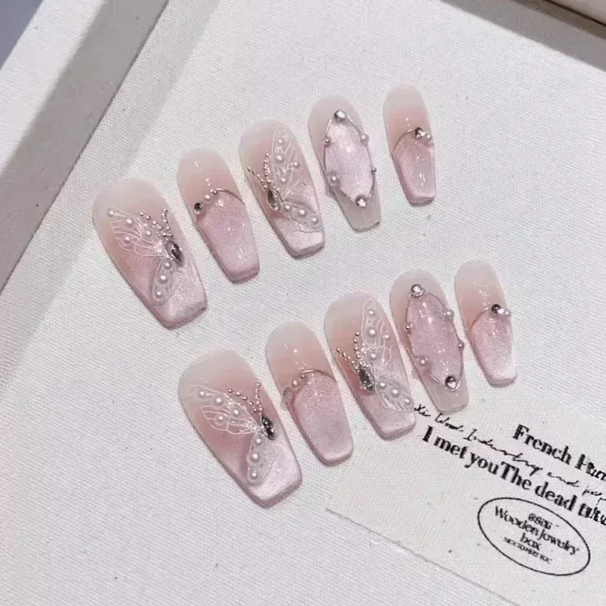 

10Pcs Blue Handmade acrylic Nails Set Press on Professional Full Cover Nail Tips Wearable False Nails fake nails