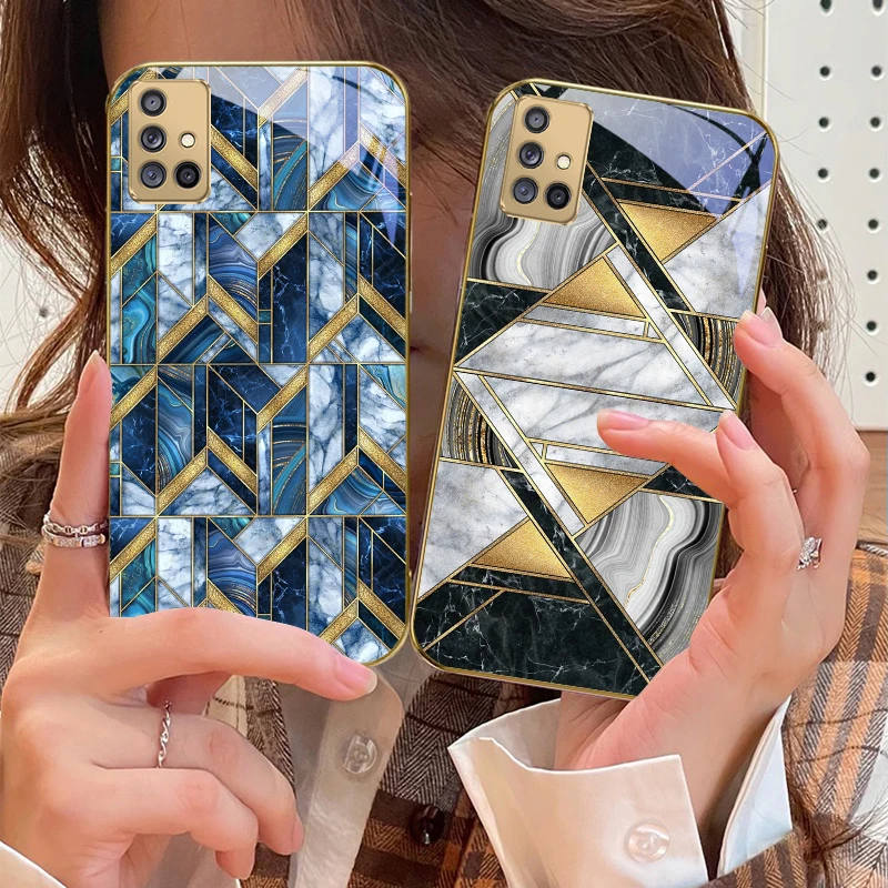

Blue marble texture For Samsung A 01 52S A04 A05S A10 A12 A13 22 23 24 36 42 M02 Note 10 20Ultra 8 9 Golden glass phone case
