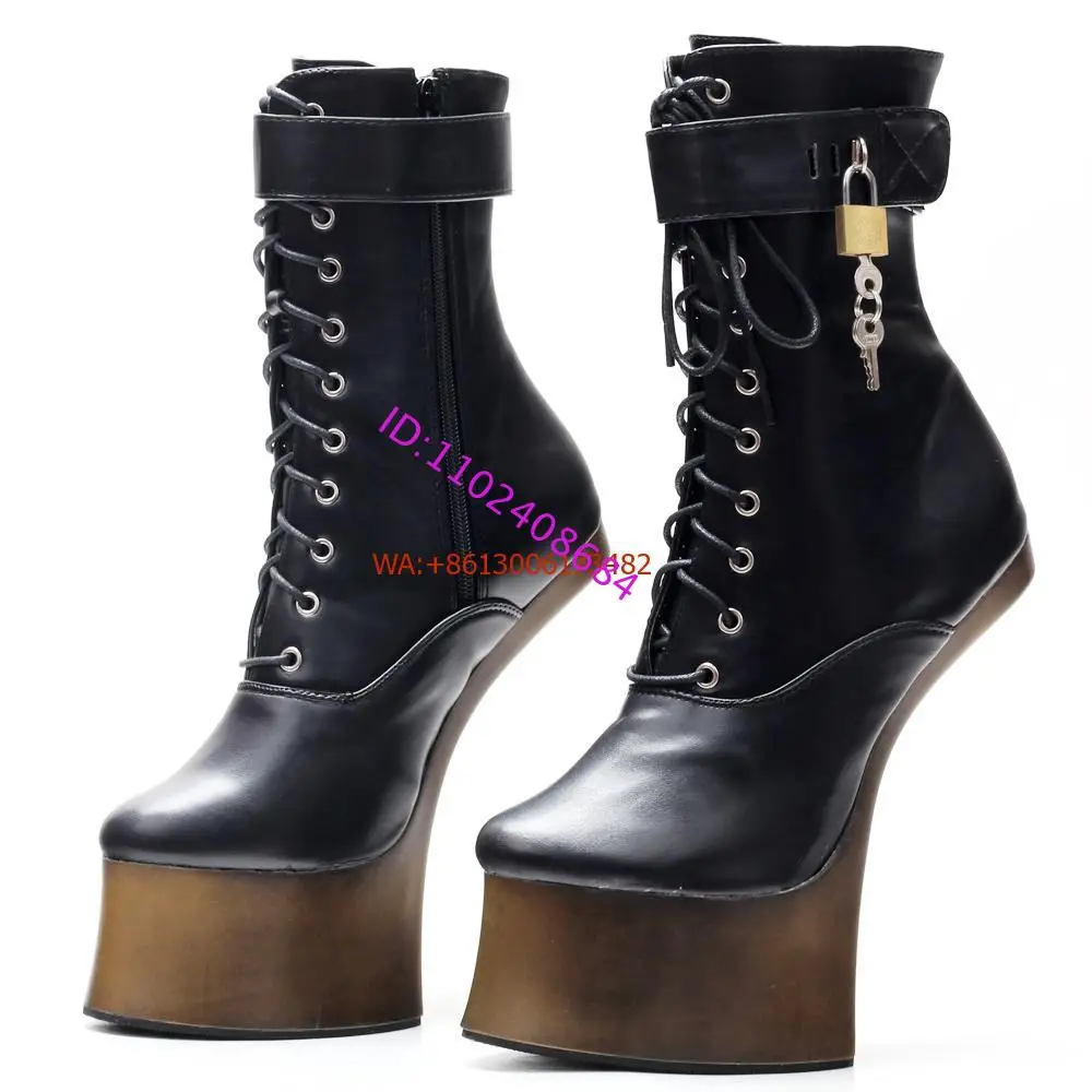 Design Women 18Cm Super High Heelless Platform Ankle Boots Punk Style Lady Lace Up Padlock Belt Buckle Platform Heelless Boots