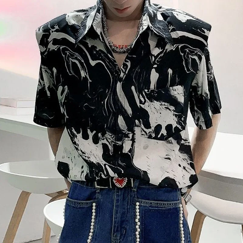 

Summer New Turn-down Collar Fashion Short Sleeve Shirt Man High Street Casual Loose Button Patchwork Cardigan Y2K Printing Tops