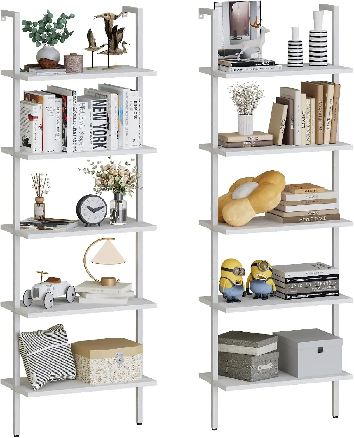 Two 5 Tier White Ladder Shelves Wall Mounted Open Wooden Rack Industrial Modern Plant Flower Stand Utility Organizer Bookcase Me
