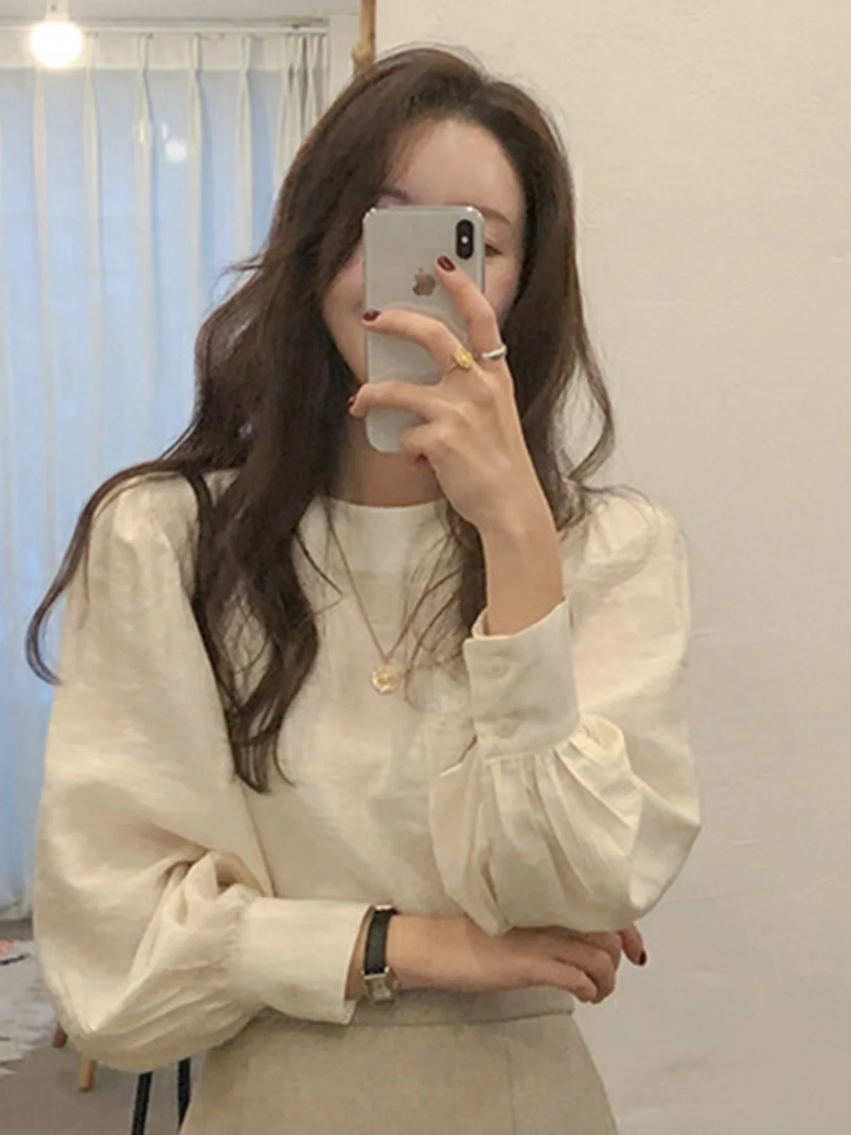 เสื้อทรงหลวมสไตล์เกาหลี Sle Round Ne Bubble Sve Sweet Anti-Aging สำหรับผู้หญิง สีพื้น เรียบง่าย เหมาะสำหรับใส่ไปทำงาน