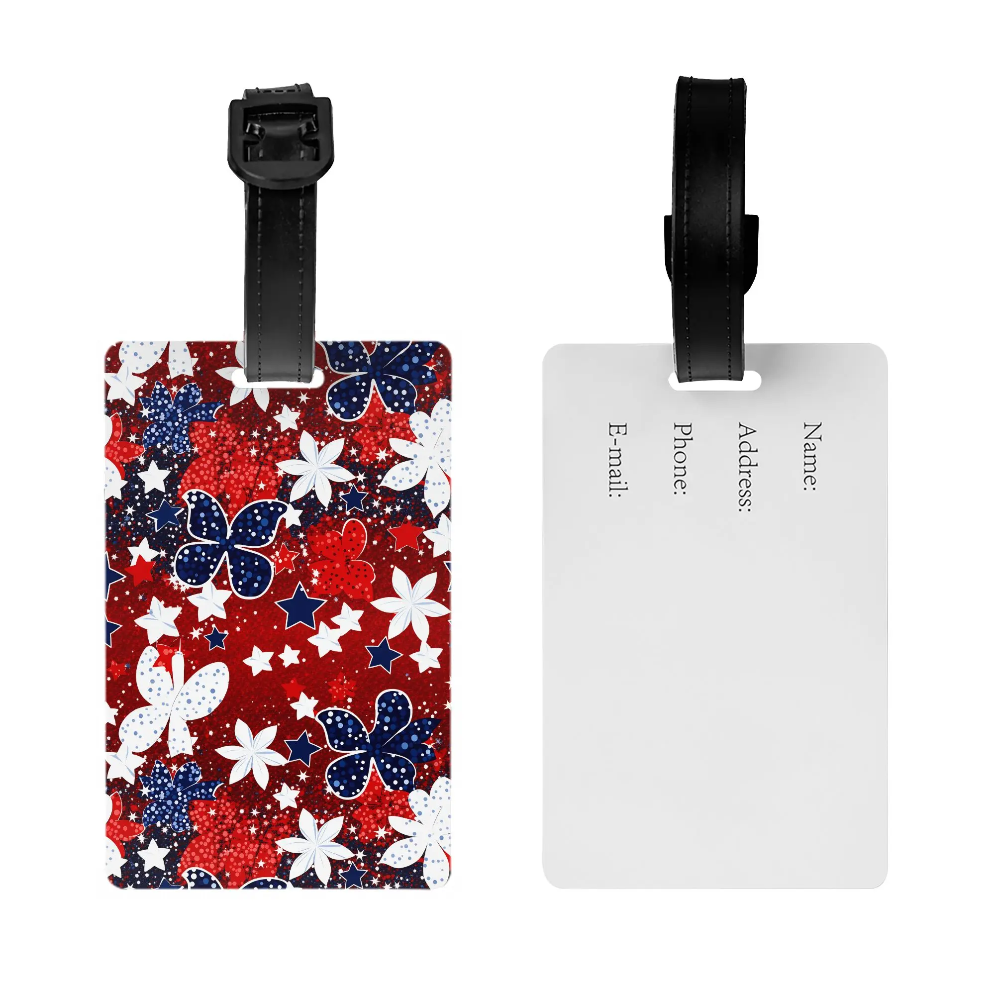 4th of July Patriotic Red White Blue Floral Star Pattern Luggage Tag Custom  Baggage Tags Privacy Cover ID Label