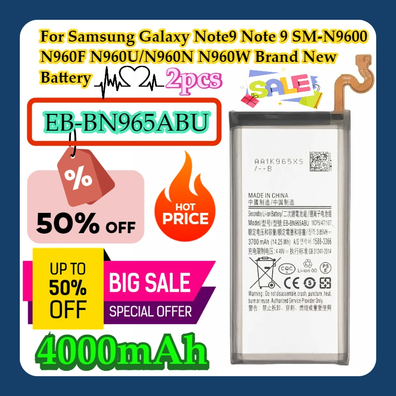 

2pcs For Samsung Galaxy Note9 Note 9 SM-N9600 N960F N960U/N960N N960W Brand New EB-BN965ABU EB-BN965ABE 4000mAh Battery