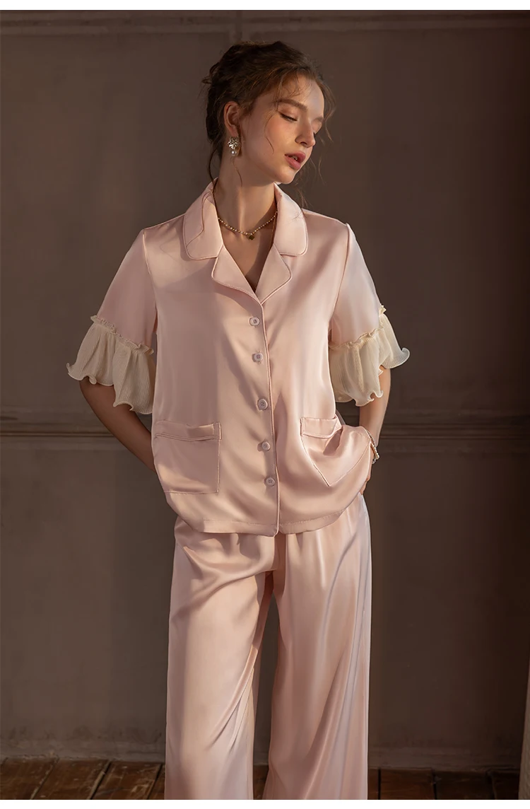 Winsleter, Satin Sweet Pajamas Set, Women Short Ruffle Sleeve Top Pants, Fashion Casual Homewear, 2024 Summer Autumn S47279QM