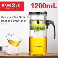KAMJOVE TP-300 Tea Cup Filter Tea Pot 1200ml Large Capacity Press AUTO-OPEN Art Teapot Infuser Heat-resistant Glass Tea Set Cup