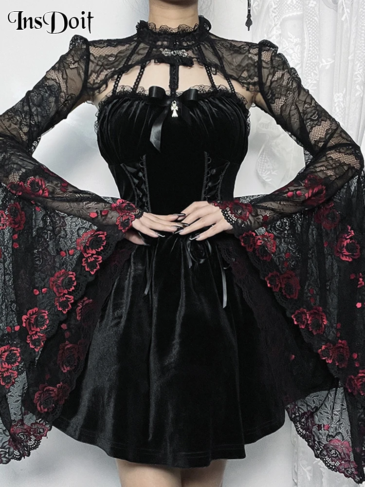 

InsDoit Goth Black And Red Lace Blouse Mesh Crop Top Women Long Flare Sleeve Shawls Shirts Cardigan Sexy Grunge Sheer Cover Up
