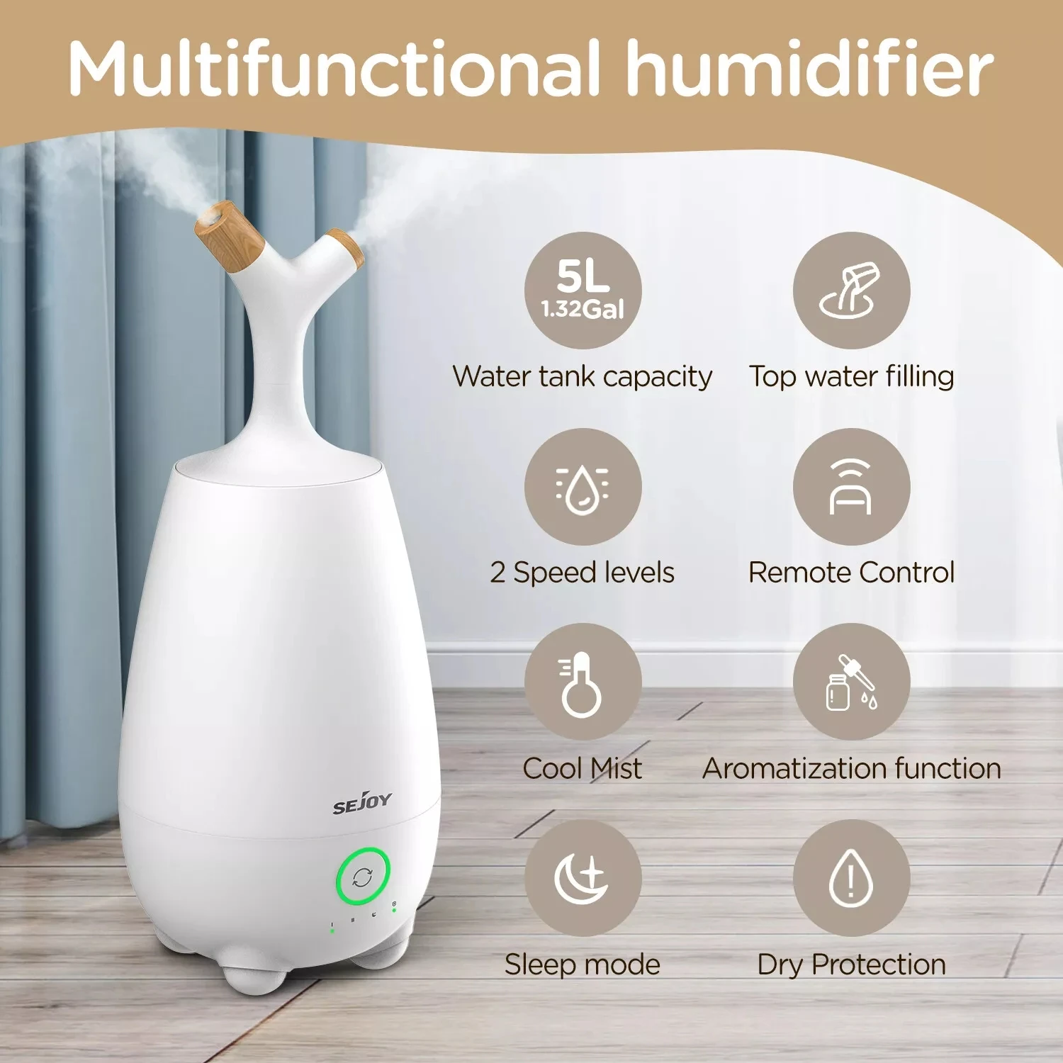 SEJOY Ultraschall-Luftbefeuchter für Schlafzimmer, Zimmer, Büro, Cool Mist-Luftbefeuchter, 5 l