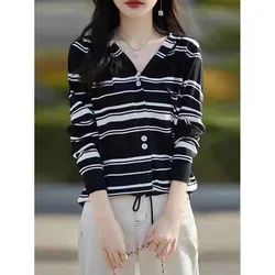 Women Clothing Striped Knitted Tops Autumn Winter New Hoodied Knitwear Daily Casual Loose Vintage Chic Wool Sweaters