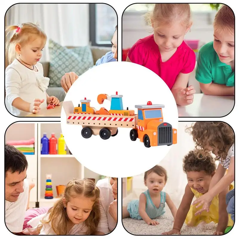 Juego de juguetes de camión de construcción de madera, juguetes de coche de madera, juguetes de construcción con colores brillantes, resistentes al desgaste para niños y niñas