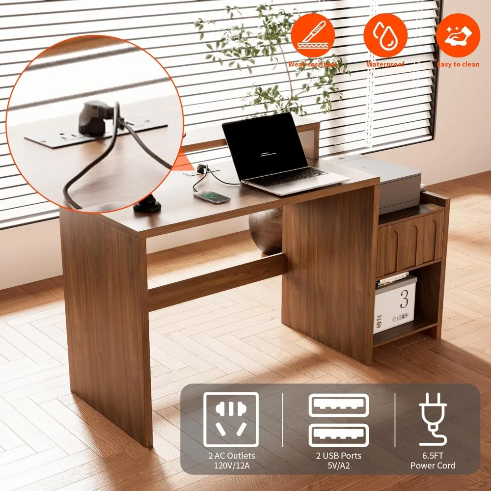 مكتب تنفيذي حديث من خشب الجوز في منتصف القرن، مكتب منزلي على طراز المزرعة مقاس 60 بوصة مع درج ورف للطابعة #5