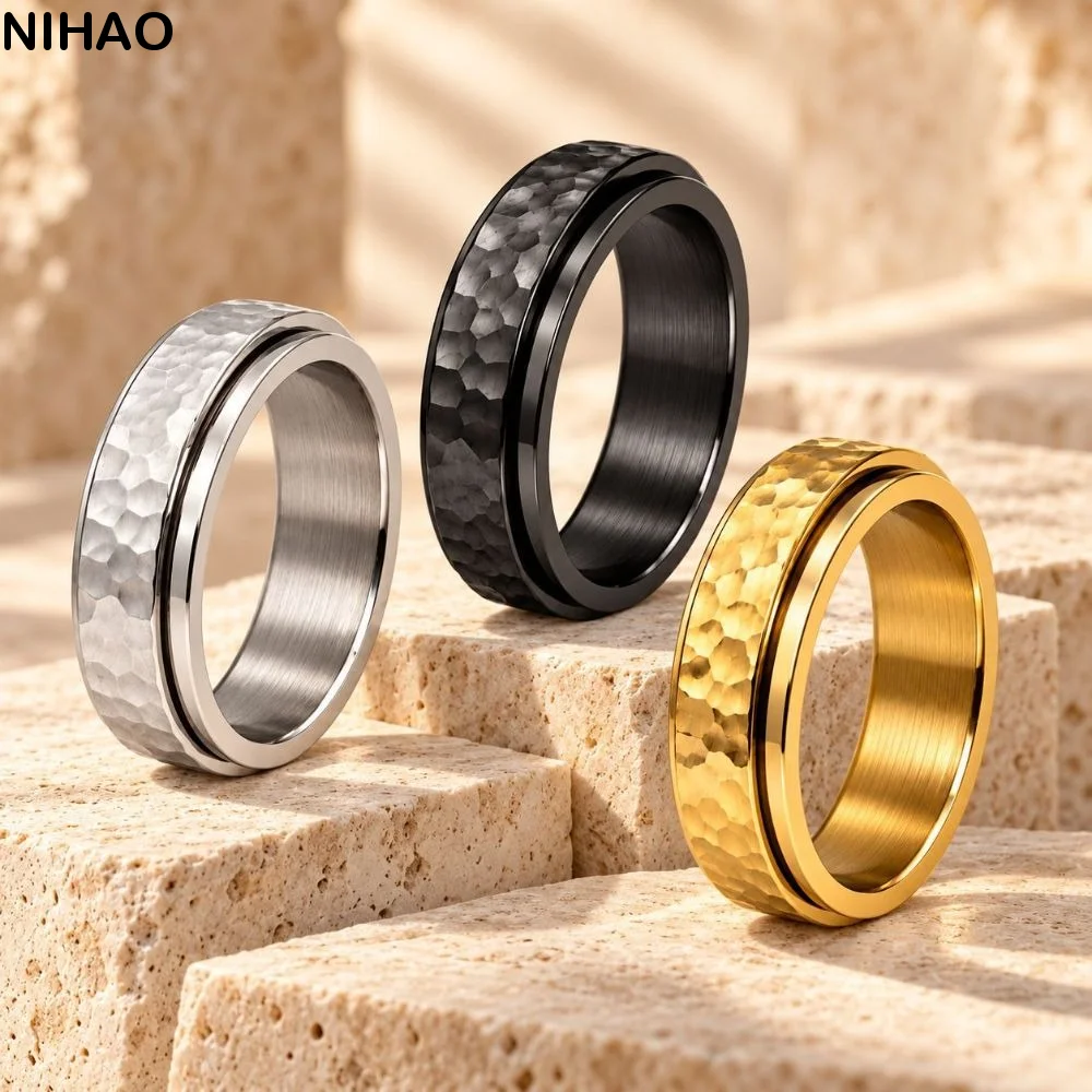 Hammered Moonpits Spinner Ring Rotating Irregular Patterns Fidget Spinner Reducing Pressure Anti-Stress Meteorite Ring Gift
