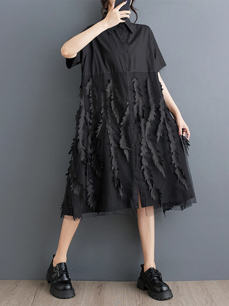 فستان نسائي مقاس كبير من NYFS لربيع وصيف 2025 فساتين قميص شبكية فضفاضة مرقعة رداء Elbise أسود بأكمام قصيرة على الطراز الكوري