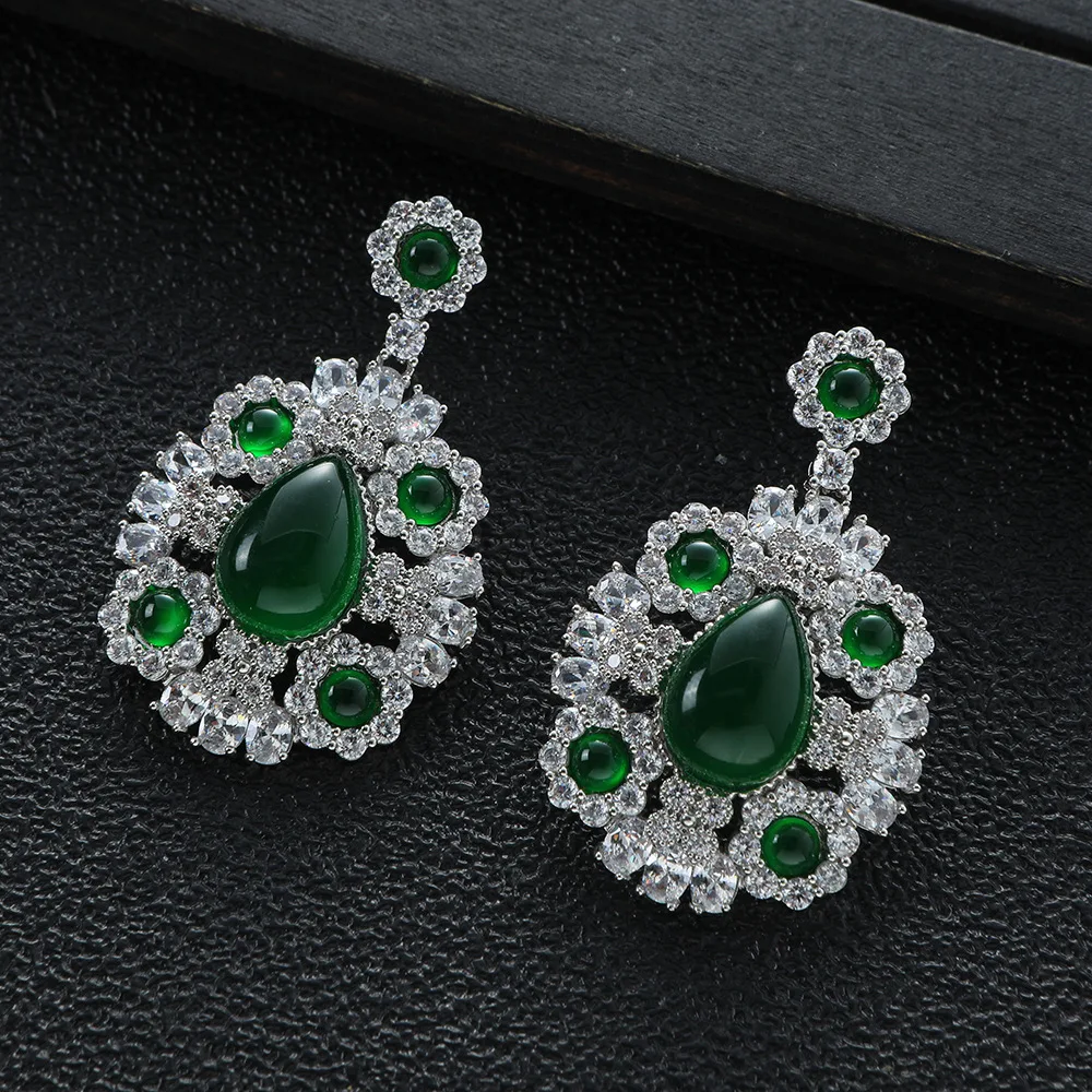

vintage luxury earrings zirconia gold color green flower water drop pendant earrings elegant jewelry dinner party
