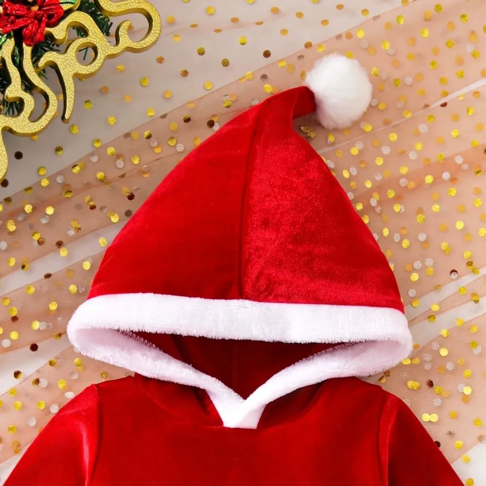 Cute Velvet Santa Claus Costume with Socks Set Hooded Design Baby Jumpsuit Outfit Long Sleeve Hooded Rompers Costume For Boys