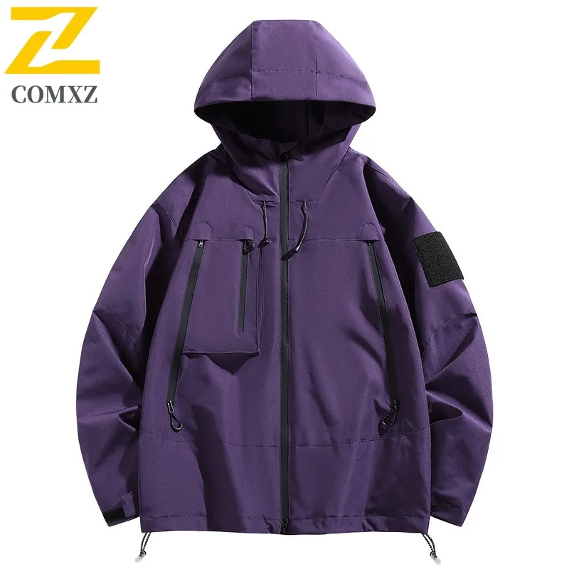 سترة COMXZ للرجال لتسلق الجبال، سترة بسيطة بغطاء للرأس مقاومة للرياح في الهواء الطلق، سترات خريفية متينة عصرية للشارع #2