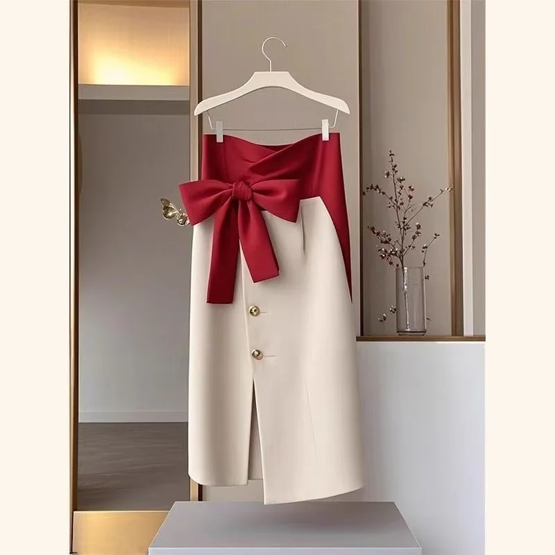 

Korean Bow Black Skirt Spring New Fashion Single Breasted Elegant Office Lady Midi Jupe Women Slim Asymmetric Patchwork Faldas