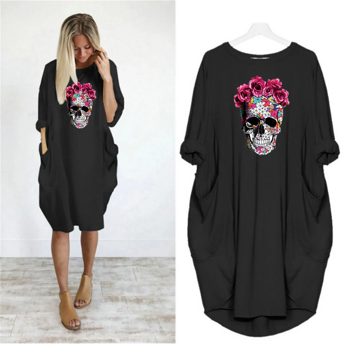 Women's Summer Loose Rose SkullPrint Round Neck Long Sleeve Pocket Comfortable Casual Plus Size Dress Pockets Sexy Female T-shir