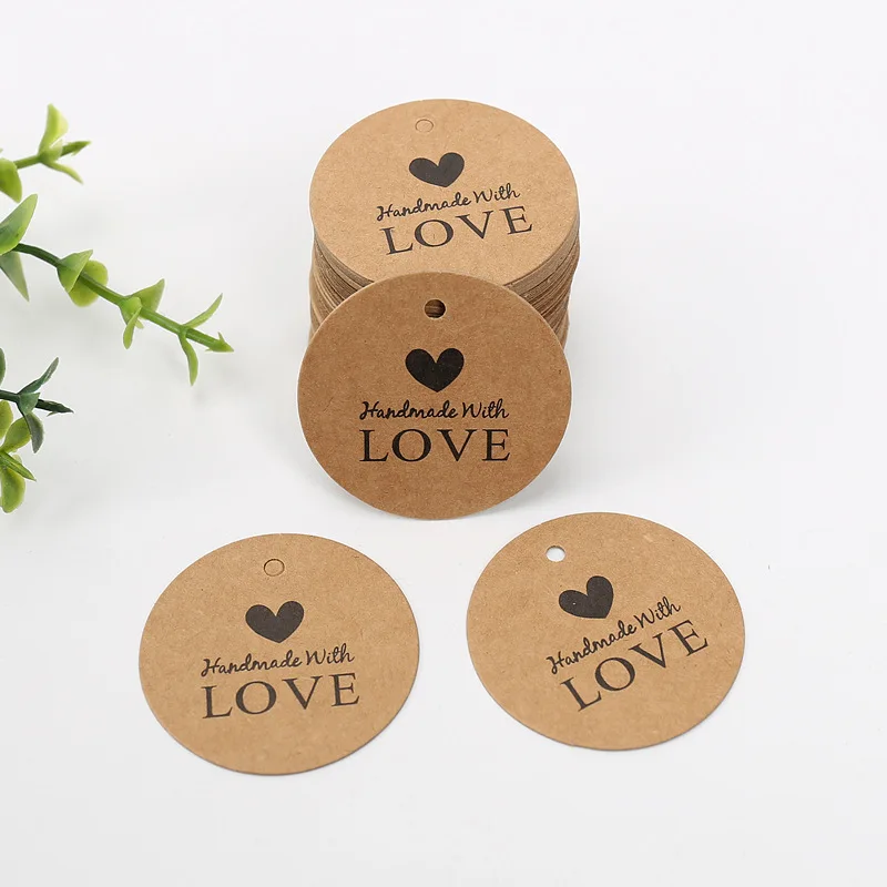 100pcs 4cm Round Kraft Paper Tags Thank You Merci Love Print Tag Labels Handmade Product Garment Shoes Hang Tag DIY Accessories