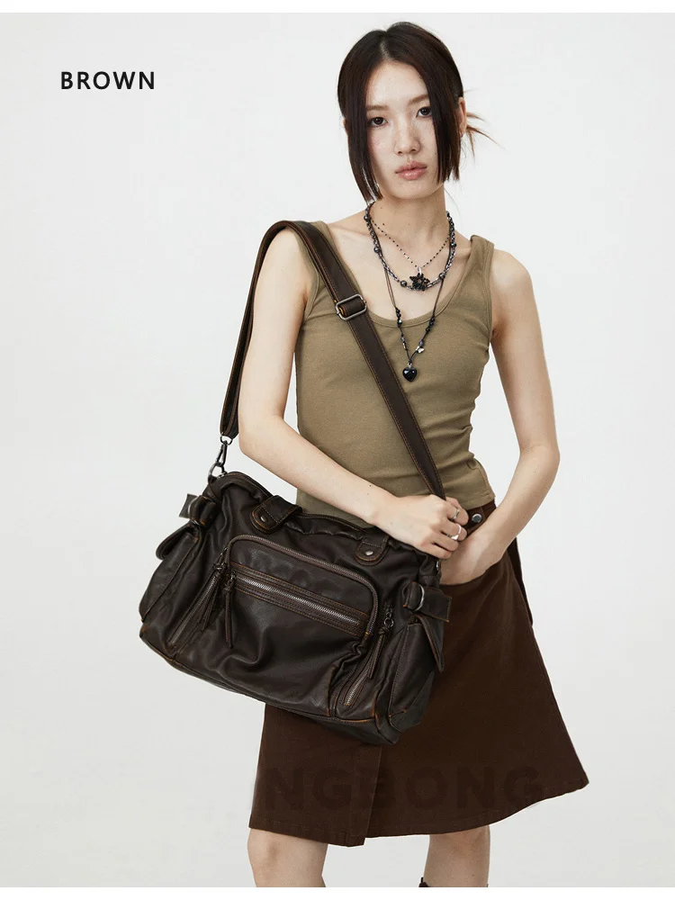 Sacà bandoulière simples pour fille couro macio retro mensageiro saco grande capacidade sacola punk multi bolso y2kmotorcycle saco