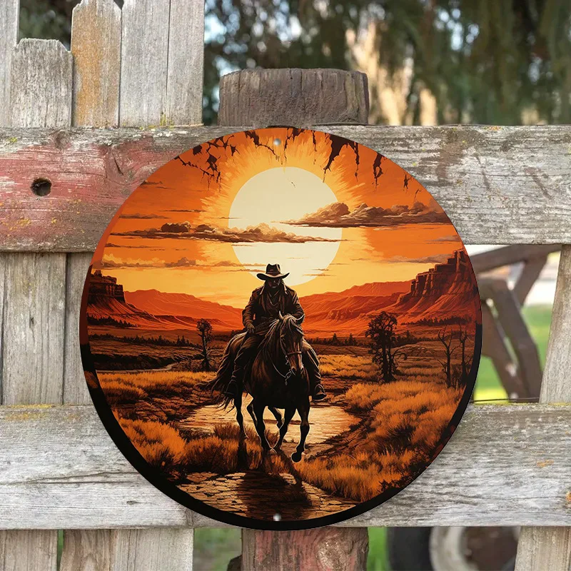 Round Metal Aluminum Sign - Cowboy Riding Horse in Sunset Silhouette - Reusable Wall Decor Art for Home, Office, Coffee Shop