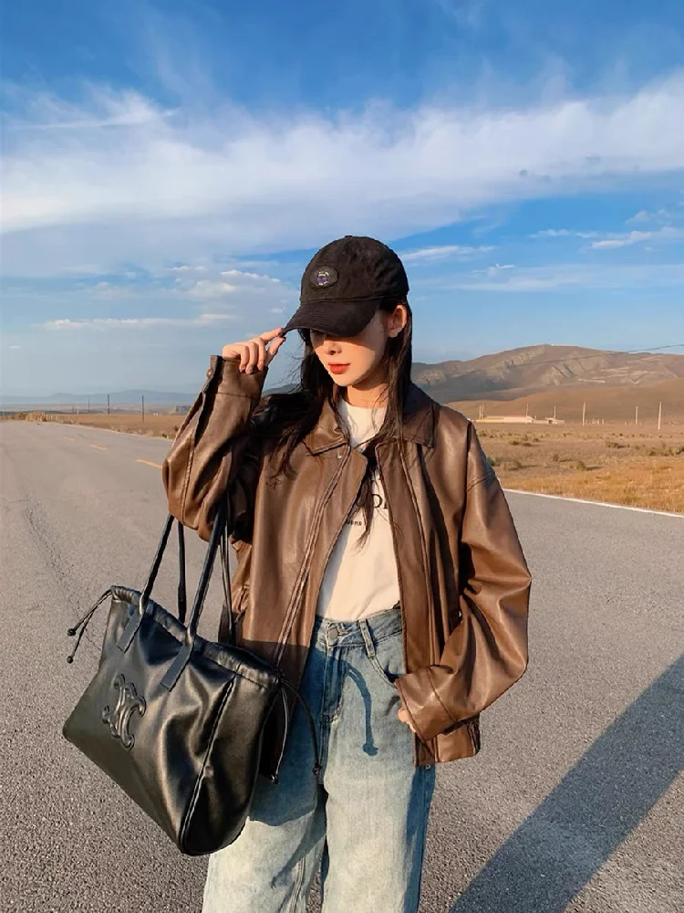 Jaet de couro marrom feminino primavera novo tamanho pequeno hong kong sle retro americano motocicleta jaet merald commuter solto ajuste