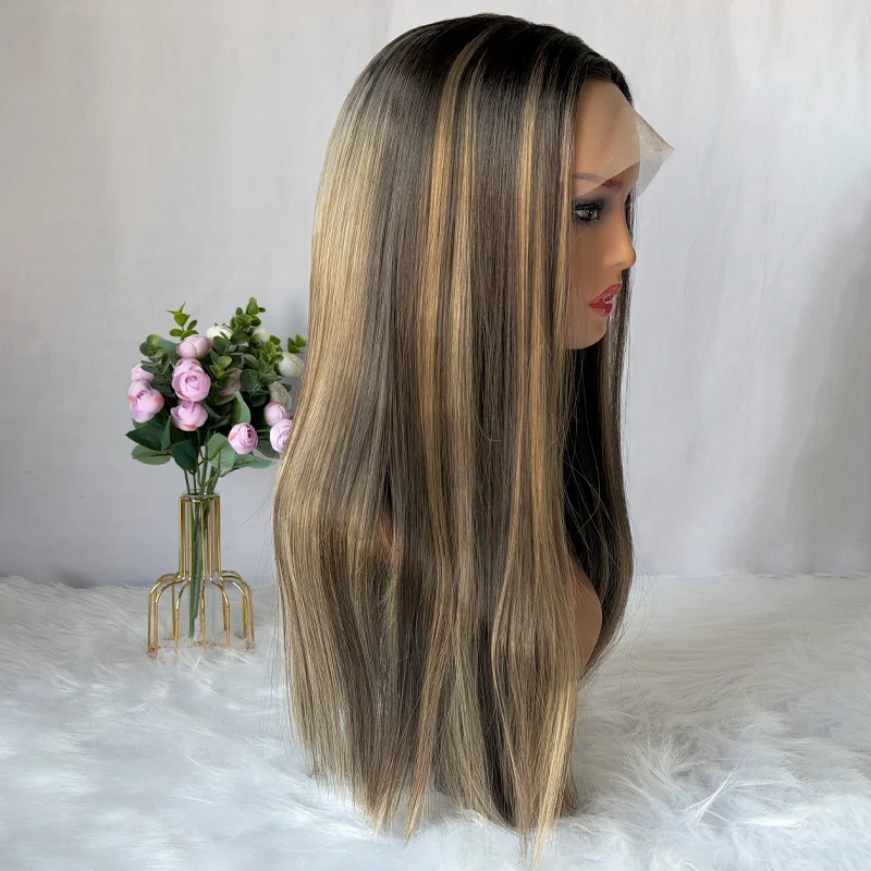 วิกผมตรงยาวแบบไฮไลท์ 20 นิ้ว ใยสังเคราะห์ทนความร้อน สีน้ำตาลเข้ม ไม่ต้องใช้กาว ดูเป็นธรรมชาติสำหรับผู้หญิง