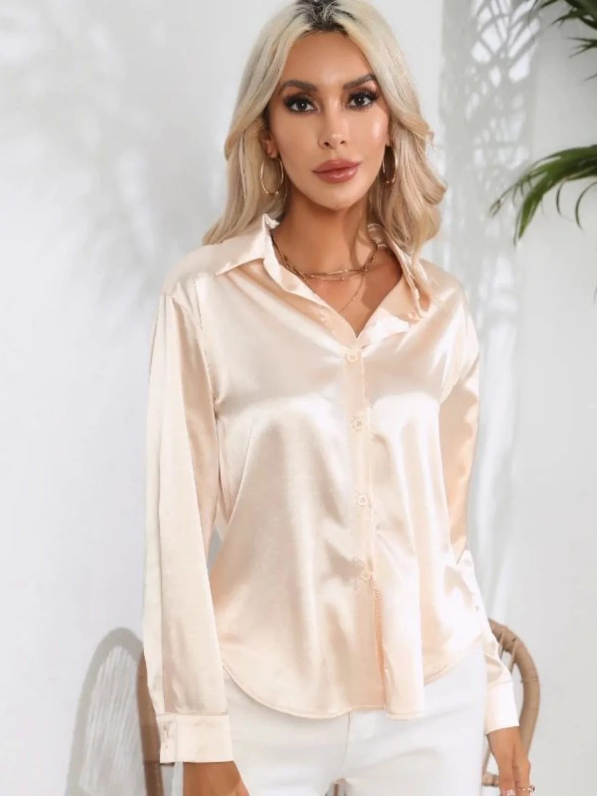 Повседневные свободные лацканы Long Sve irt Street Sle Pure Color на пуговицах свободного покроя Long Sve irt для женщин