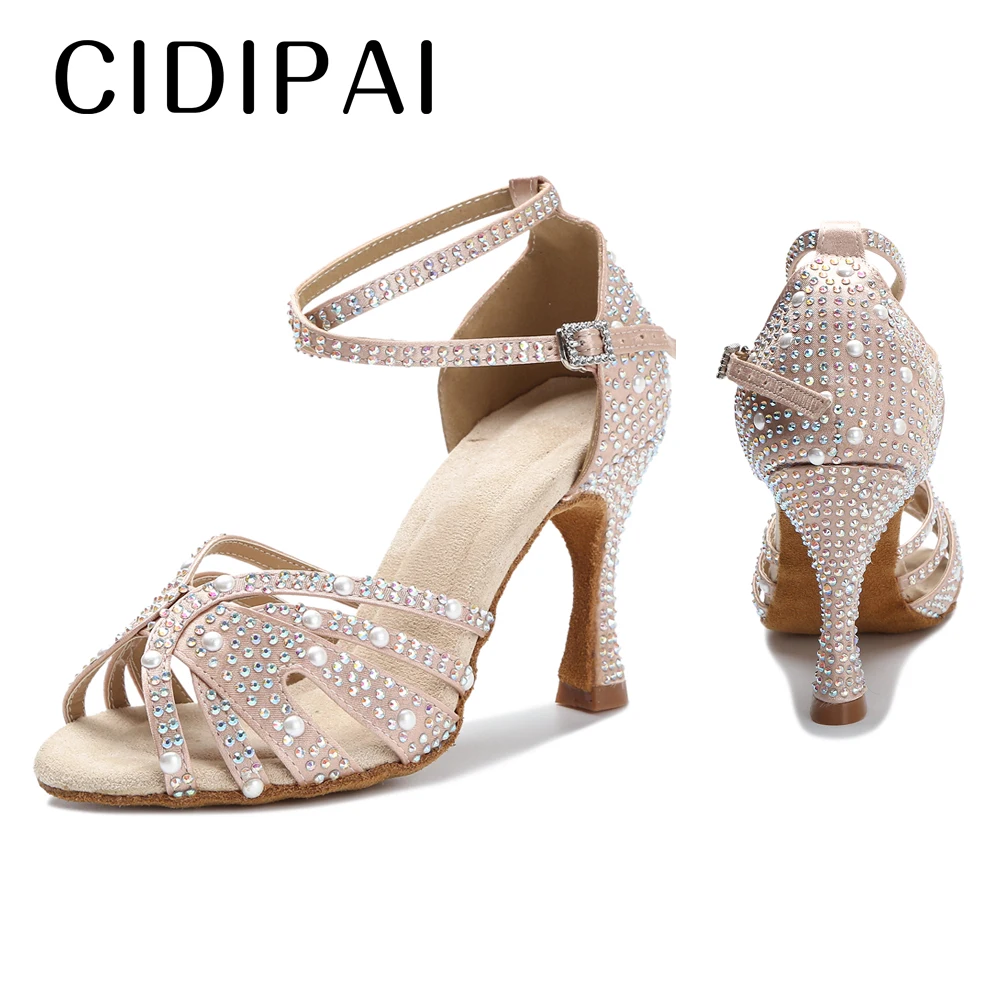 CIDIPAI, zapatos de baile latino con perlas para mujer, zapatos de baile de salón Salsa Rumba, zapatos de fiesta de suela roja, zapatos de boda con diamantes de imitación para mujer