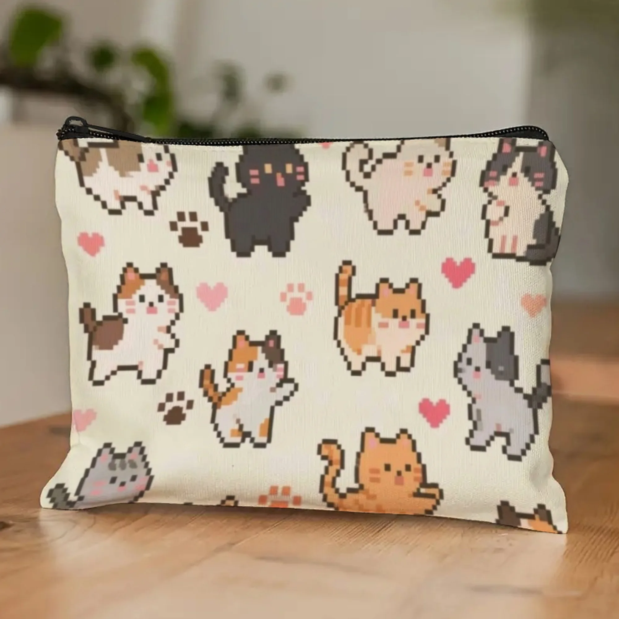 Retro Pixel Cute Cartoon Cats Cosmetic Pouch Multi-Colored Bit Kittens Hearts & Paw Prints Fun Makeup & Accessories Organizer