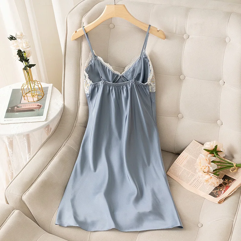 Sleepwear Women Nightdress Nightwear Satin Sleep Dress Lace Patchwork Spaghetti Stap Nightgown Sexy Intimate Lingerie Homewear