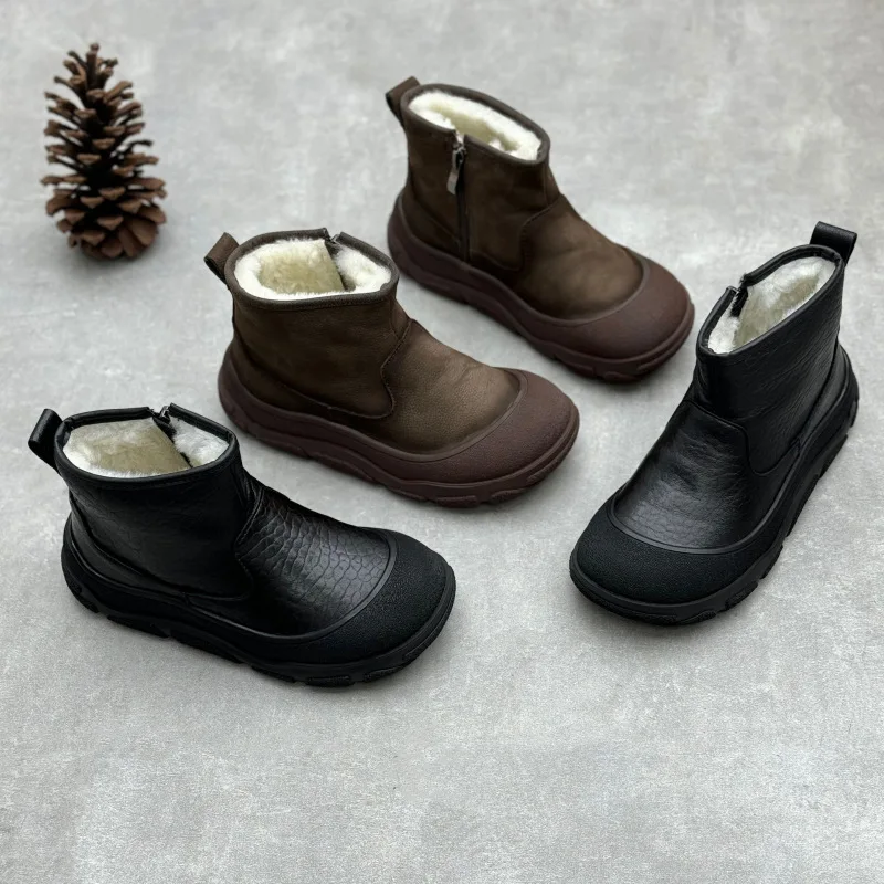 

GKTINOO Handmade Genuine Leather Women's Short Boots 2025 Winter New Round Toe Flat Bottom Thickened Warm Wool Snow Boots