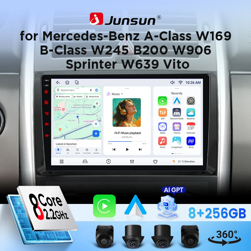 Autoradio Junsun pour Mercedes Benz W169 W245 B200 W906 Sprinter W639 Vito CarPlay Android Auto FM RDS DSP BT GPS Navi SWC Écran tactile HD IPS Plug & Play Lecteur multimédia Appel mains libres Style d'origine de l'unité centrale de la voiture