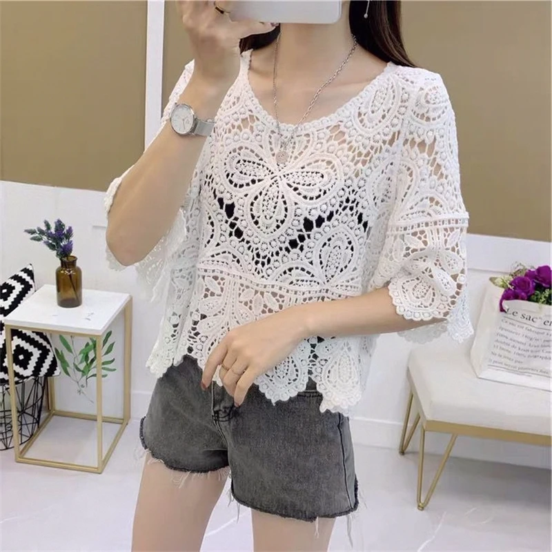 

Korean Style Hollow out Loose Short Sleeve Women's Knitwear Summer Outerwear Five-Quarter Sleeve Hooded Air Conditioning Top