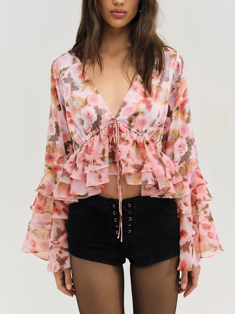 花柄シックなクロップドトップブラウスシャツ女性夏春シフォンフレアスリーブタイアップ V ネックセクシーなカジュアル職業レディースシャツ