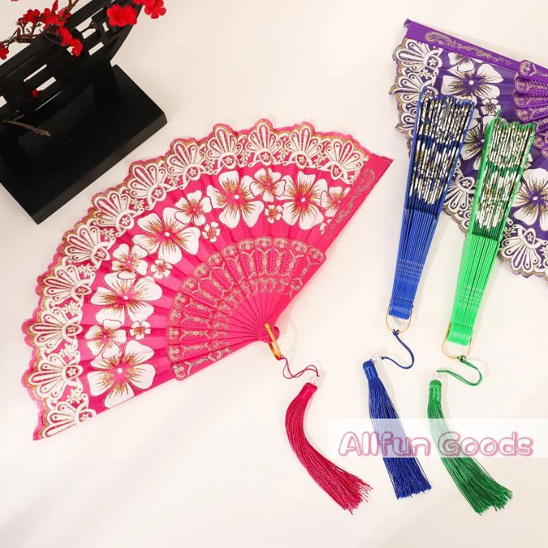 Chinese-Style Flowers Folding Fan For Performances & Hanfu Photos With Elegant Floral & Pearl Tassels Design Festive Decor