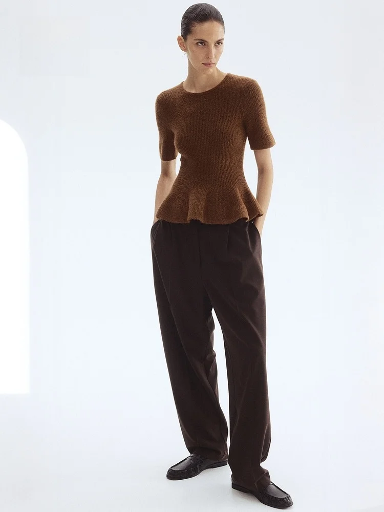 

H&M Women's Knitted Sweater round Ne Decorative Hem Ribbed Knit Top Casual Sle Slim Fit Polyester Acrylic Wool Spandex